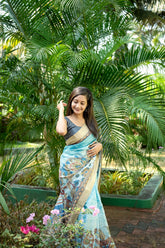 Mysore Silk Digital Print Sky Blue Saree With Unstiched Blouse Piece-MPHMS-01-SKY